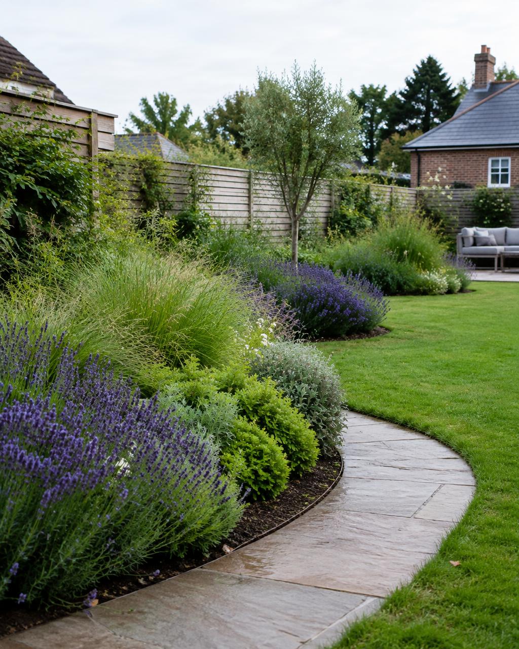 Curved planting borders with lavender beside a stone path